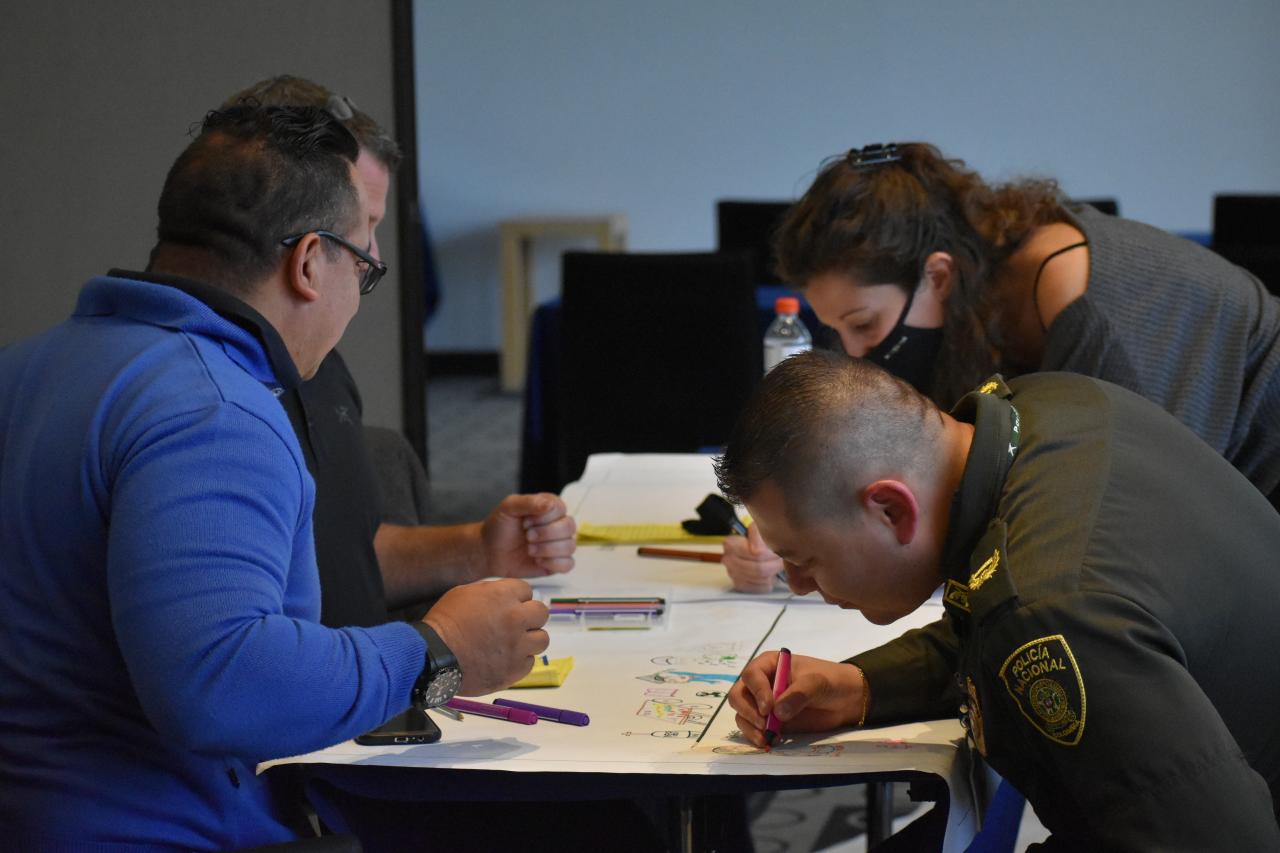 People seated at tabled doing one of the exercises as part of Polus' Model Coherency human service program design workshop in Colombia.