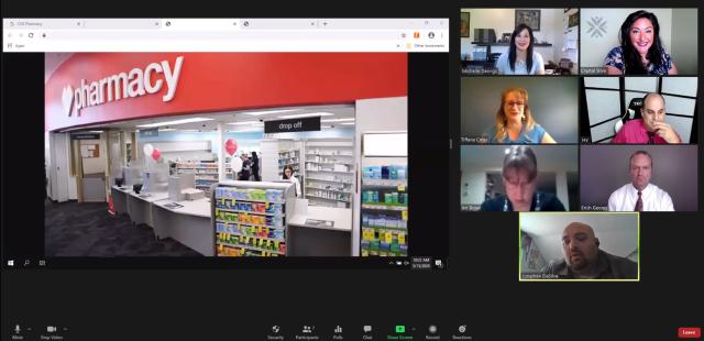 Screen shot of a zoom class and image inside a CVS Health pharmacy
