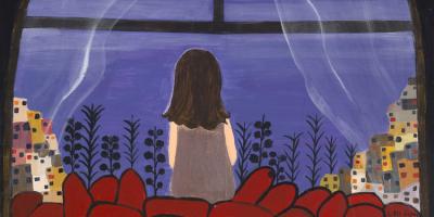 painting of a girl in front of a window at night